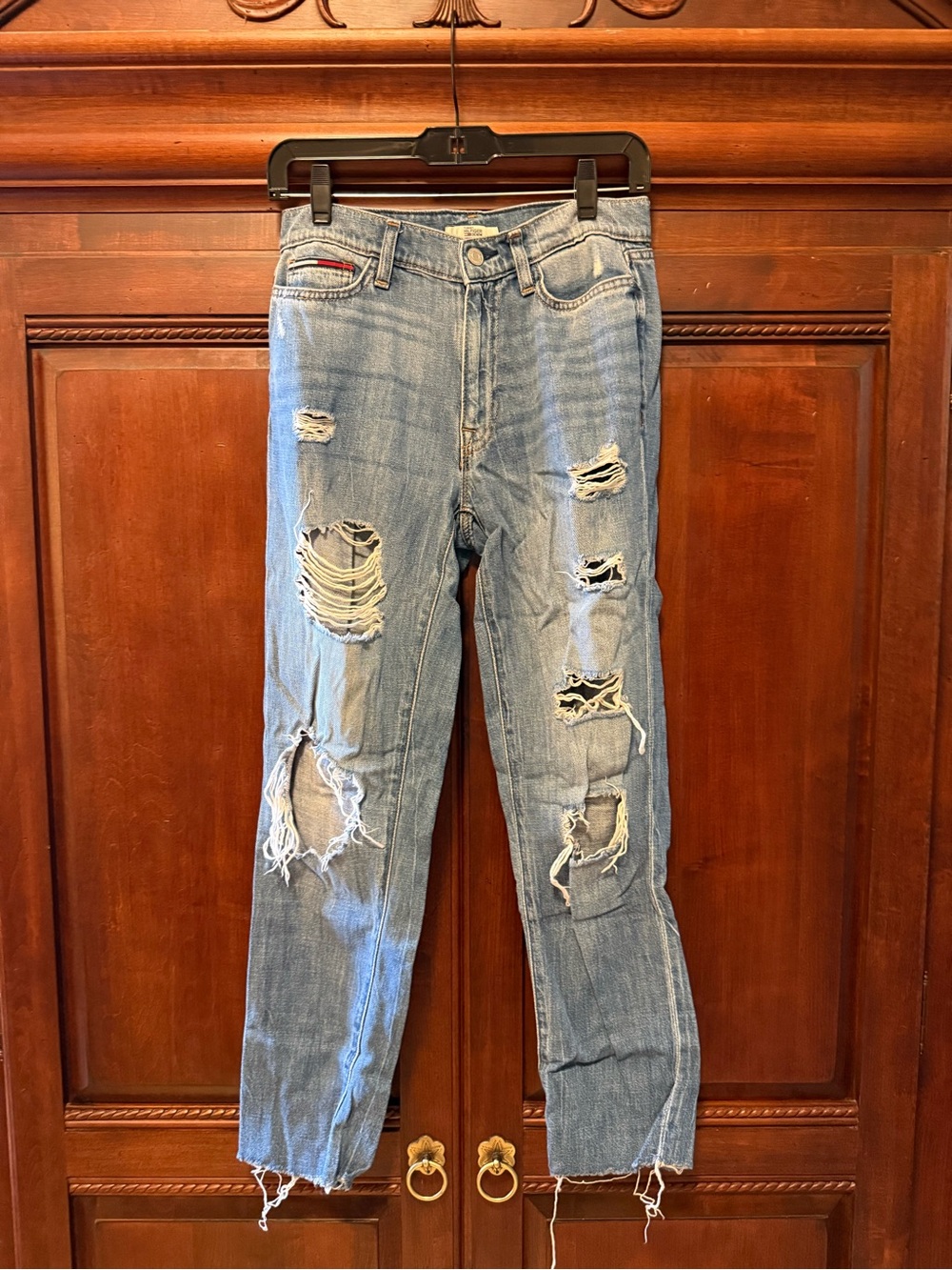 Tommy Hilfiger Light Blue Distressed Straight Leg Jeans with Frayed Hem